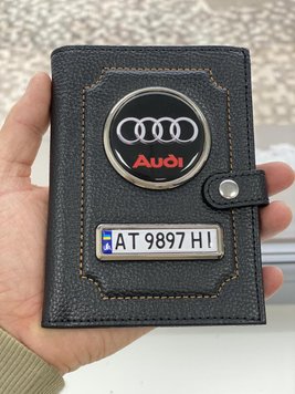 Портмоне для автодокументів і грошей Шкіряна обкладинка з логотипом AUDI та держ. номером авто