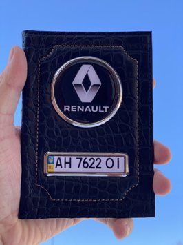 Шкіряна обкладинка для автодокументів із логотипом RENAULT і гость. номером авто чорна шкіра крокодила