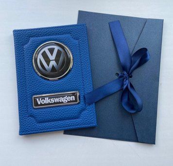 Шкіряна обкладинка для автодокументів із логотипом VOLKSWAGEN і годен. номером авто синя ребриста шкіра