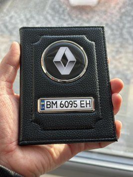 Шкіряна обкладинка для автодокументів із логотипом RENAULT і держ. номером авто ребриста шкіра з чорною ниткою