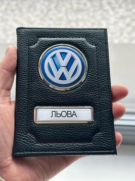 Шкіряна обкладинка для автодокументів із логотипом VOLKSWAGEN і держ. номером авто ребриста шкіра з чорною ниткою