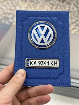 Шкіряна обкладинка для автодокументів із логотипом VOLKSWAGEN і годен. номером авто синя ребриста шкіра