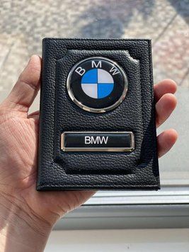 Шкіряна обкладинка для автодокументів із логотипом BMW і годен. номером авто натуральна шкіра
