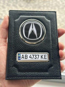 Шкіряна обкладинка для автодокументів із логотипом ACURA і держ. номером авто ребриста шкіра з чорною ниткою