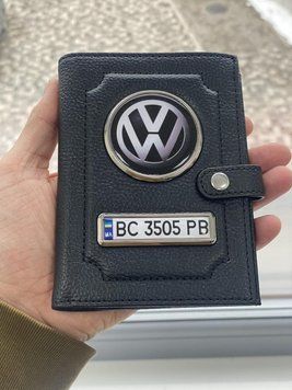 Портмоне для автодокументов и денег Кожаная обложка с логотипом VOLKSWAGEN и гос. номером авто