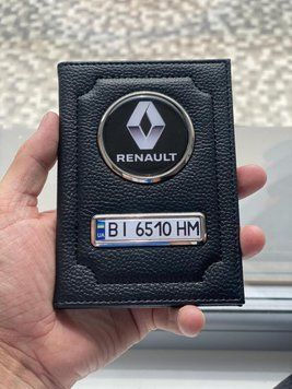 Шкіряна обкладинка для автодокументів з логотипом RENAULT і держ. номером авто