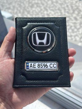 Шкіряна обкладинка для автодокументів із логотипом HONDA і годен. номером авто натуральна шкіра