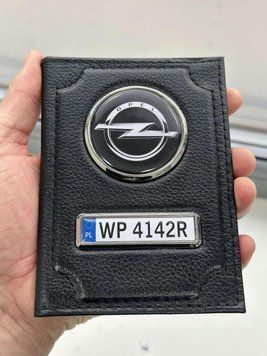 Шкіряна обкладинка для автодокументів із логотипом OPEL і годен. номером авто ребриста шкіра з чорною ниткою