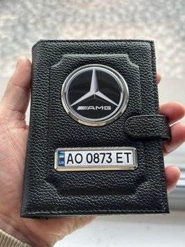 Портмоне для автодокументов и денег Кожаная обложка с логотипом MERCEDES и гос. номером авто