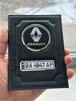 Шкіряна обкладинка для автодокументів із логотипом RENAULT і годен. номером авто ребриста шкіра з чорною ниткою