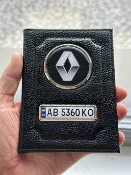 Шкіряна обкладинка для автодокументів із логотипом RENAULT і держ. номером авто ребриста шкіра з чорною ниткою