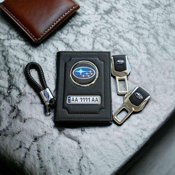 Подарочный набор 3в1 SUBARU Обложка + брелок +заглушки ремней