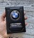 Кожаная обложка для автодокументов с логотипом BMW и гос. номером авто ребристая кожа с желтой ниткою
