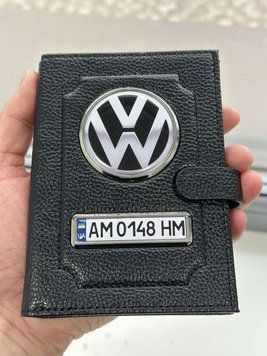 Портмоне для автодокументов и денег Кожаная обложка с логотипом VOLKSWAGEN и гос. номером авто