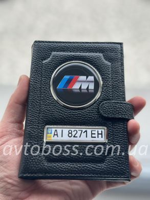 Портмоне для автодокументів і грошей Шкіряна обкладинка з логотипом BMW M та держ. номером авто