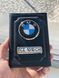 Шкіряна обкладинка для автодокументів з логотипом BMW і держ. номером авто ребриста шкіра з жовтою ниткою