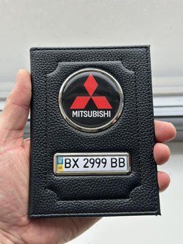 Шкіряна обкладинка для автодокументів із логотипом MITSUBISHI і держ. номером авто ребриста шкіра з чорною ниткою