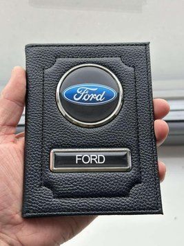 Шкіряна обкладинка для автодокументів із логотипом FORD і держ. номером авто ребриста шкіра з чорною ниткою