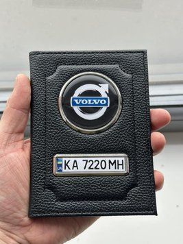 Шкіряна обкладинка для автодокументів із логотипом VOLVO і держ. номером авто ребриста шкіра з чорною ниткою