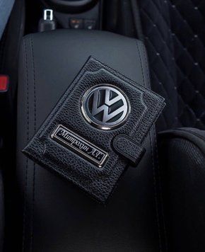 Портмоне для автодокументов и денег Кожаная обложка с логотипом VOLKSWAGEN и гос. номером авто