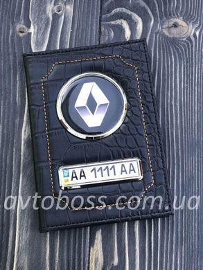 Шкіряна обкладинка для автодокументів із логотипом і годен. номером авто чорна шкіра крокодила