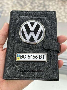Портмоне для автодокументов и денег Кожаная обложка с логотипом VOLKSWAGEN и гос. номером авто